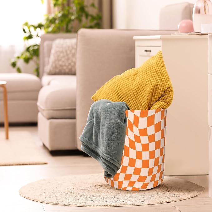 Groovy Retro Wavy Checkered Orange Laundry Basket, Waterproof Foldable Laundry