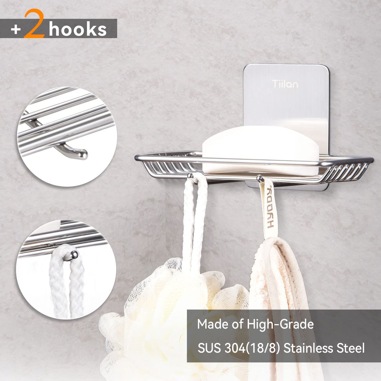 Tiilan Self Adhesive Bar Soap Dish for Shower, Bathroom Soap Holder Wall Mount – Stainless Steel, Silver