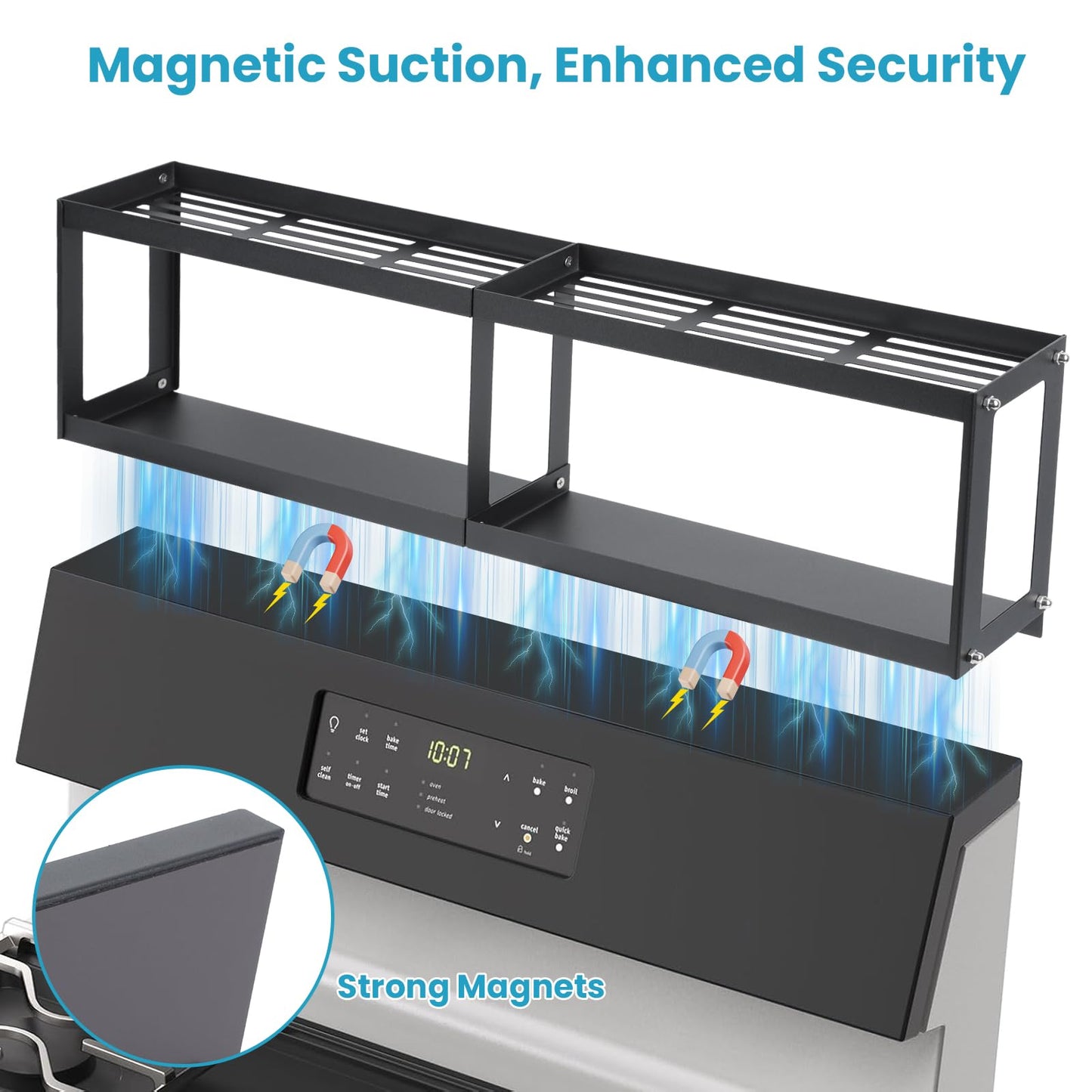 OTraki 2 Tier Strong Magnetic Oven Shelf 30 Inch Length Spice Rack Over The Stove Shelf with 2 Anti-Slip Mats Seasoning & 4 Hooks Kitchen Spice Storage Organizer Black
