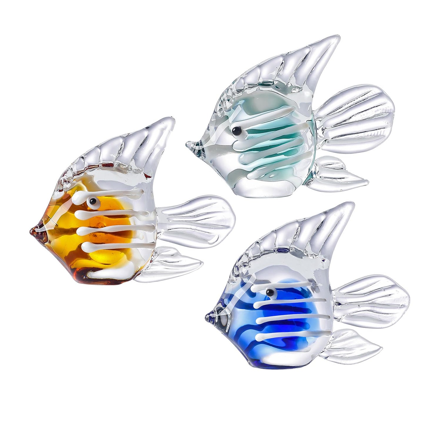 LONGWIN Miniature Blown Glass Fish Figurines Collectible Decor for Home, Handcrafted Glass Sea Animal Sculpture, Set of 3