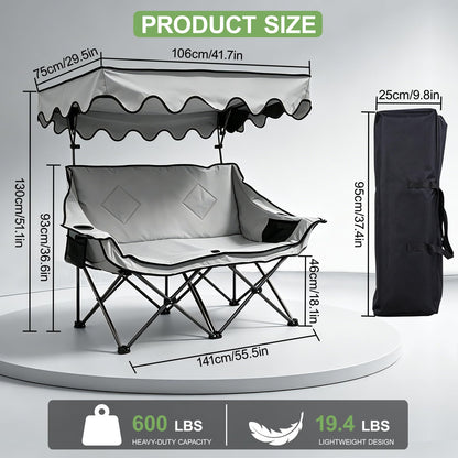 Double Camping Chair with Canopy Shade, Portable Beach Chair with 2 Cup Holders and Bags, Folding Heavy Duty Oversized Double Chairs with Side and Back Pockets, Outdoor Loveseat Chairs for Patio, Lawn