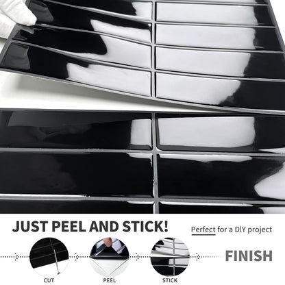 DEWOO Black Rectangle Peel and Stick Subway Backsplash Self Adhesive Wall Tile Stickers for Kitchen Bathroom Brick (10-Sheet, 12"×12")