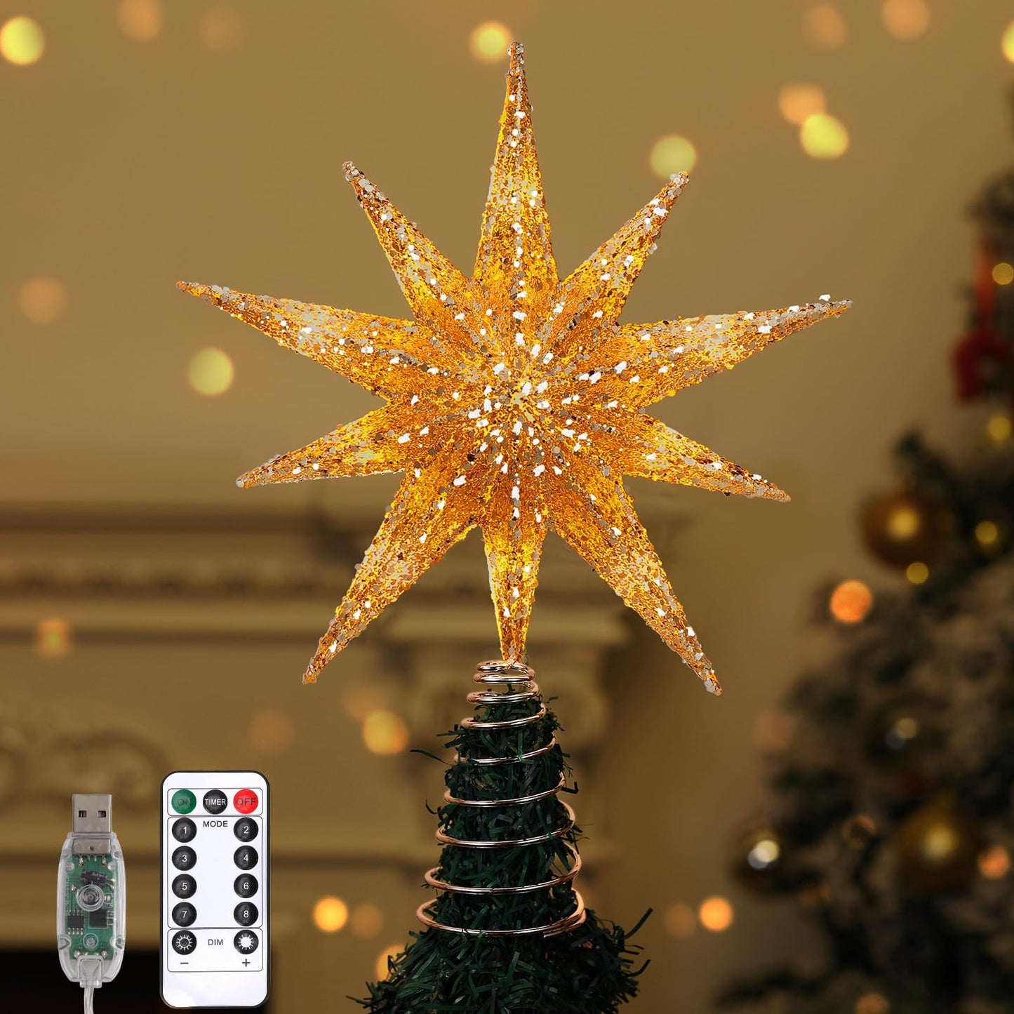 Lewondr Christmas Tree Topper Star, 13inch Xmas Tree Topper with LED Light Beads, Remote & USB Operated 10-Point Star Treetop for Home Christmas Decoration, 6H Timer & 8 Lighting Modes, Gold