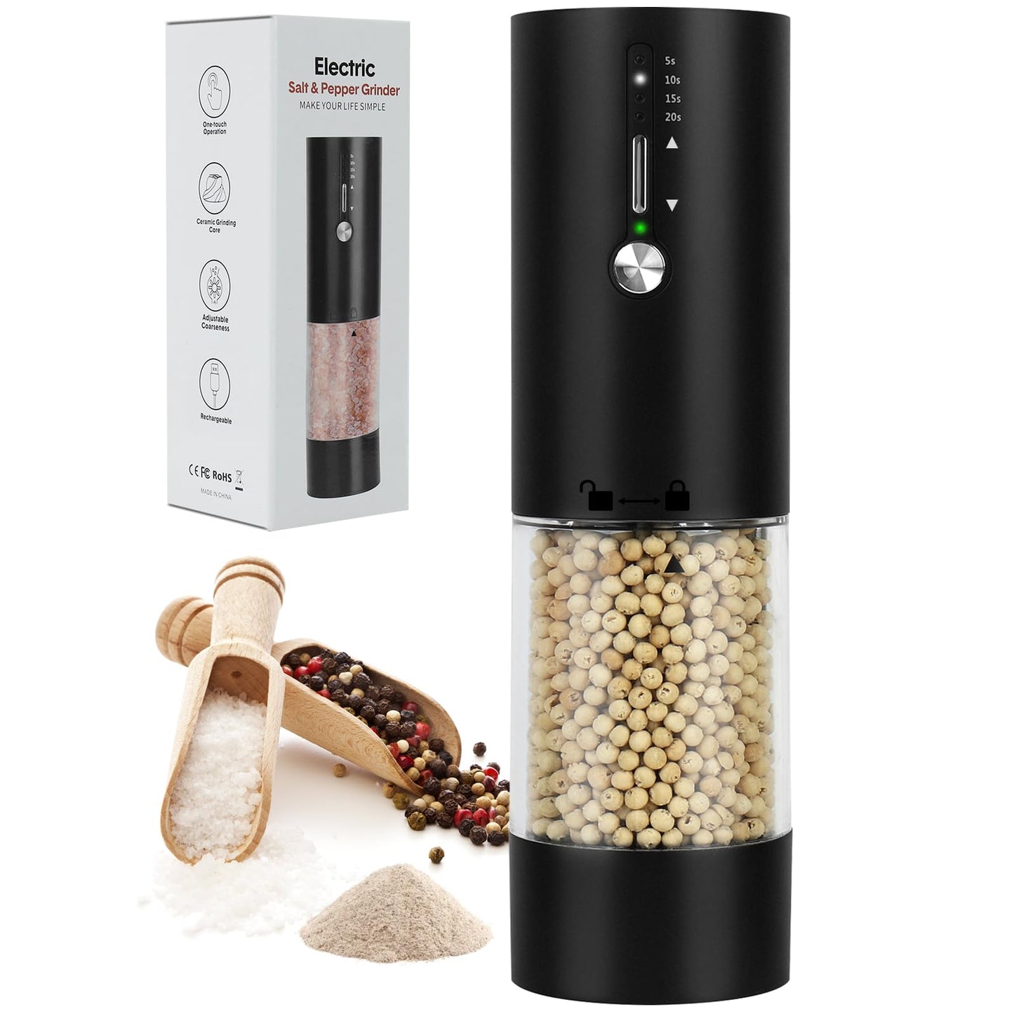 118ml Large Capacity Electric Salt,Pepper and Spice Grinder,USB-C Rechargeable Automatic Mill with 15 Precise Settings, LED Light, Premium Matte Black Kitchen Gadget [Single Pack]