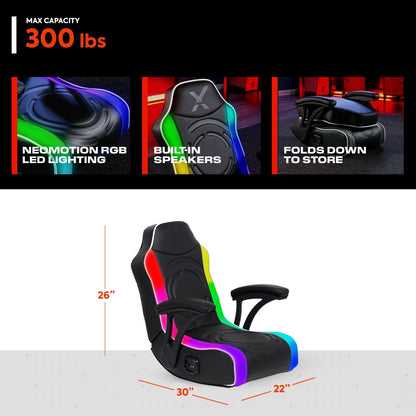 X Rocker Emerald RGB LED Youth Floor Rocking Video Gaming Chair with Headrest Speakers, Armrests, Foldable, Vegan Leather, 200 lbs Max, Amazon Exclusive, Black