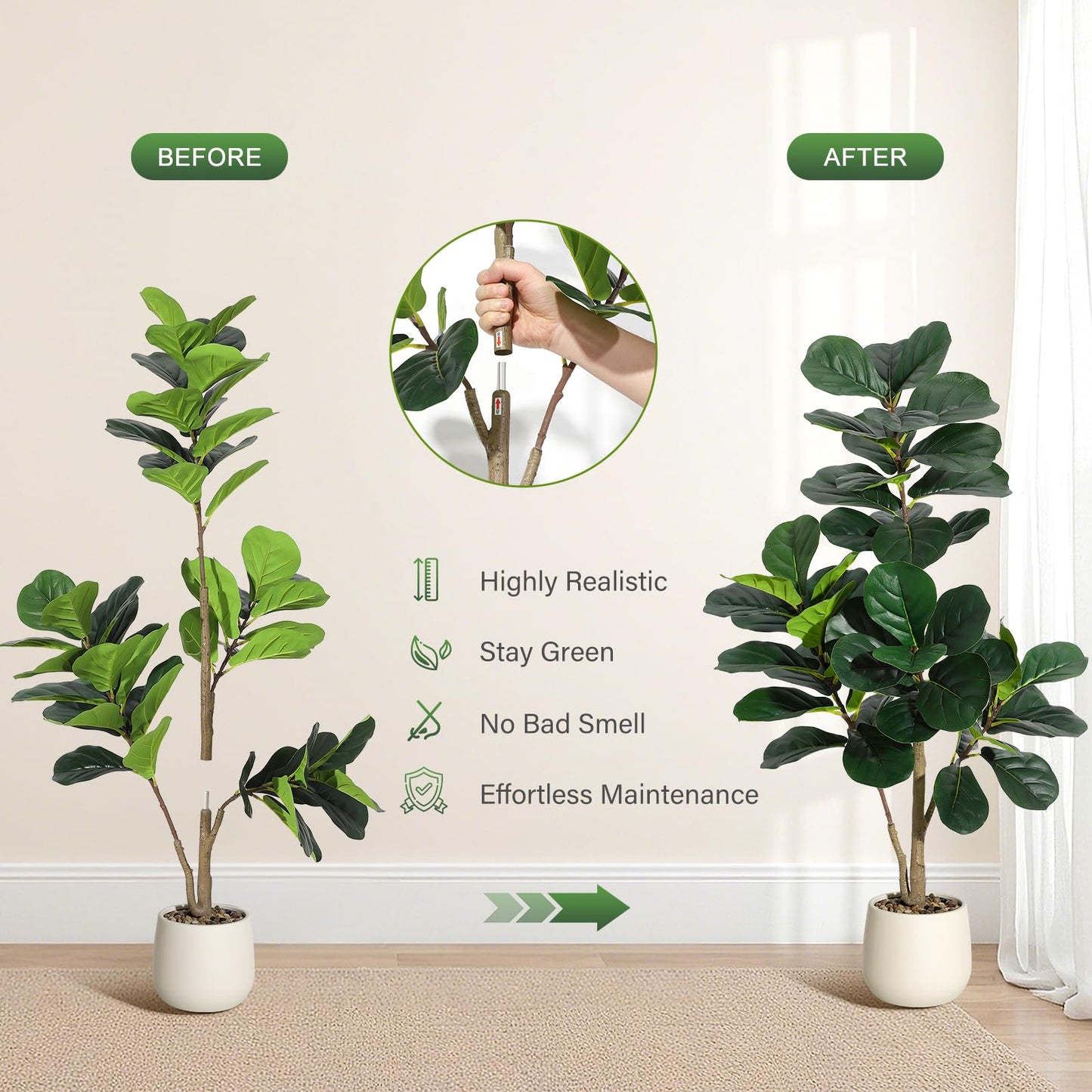4 ft Fiddle Leaf Fig Tree Artificial with 48 Leaves - Realistic Faux Ficus Lyrata Trees in 7.8 in White Planter Pot, Indoor Fake Floor Plants for Home Office Living Room Decor, Housewarming Gift