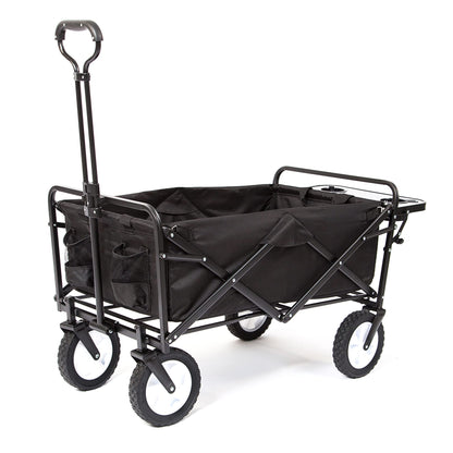 MacSports Collapsible Outdoor Utility Wagon with Folding Table and Drink Holders, Black