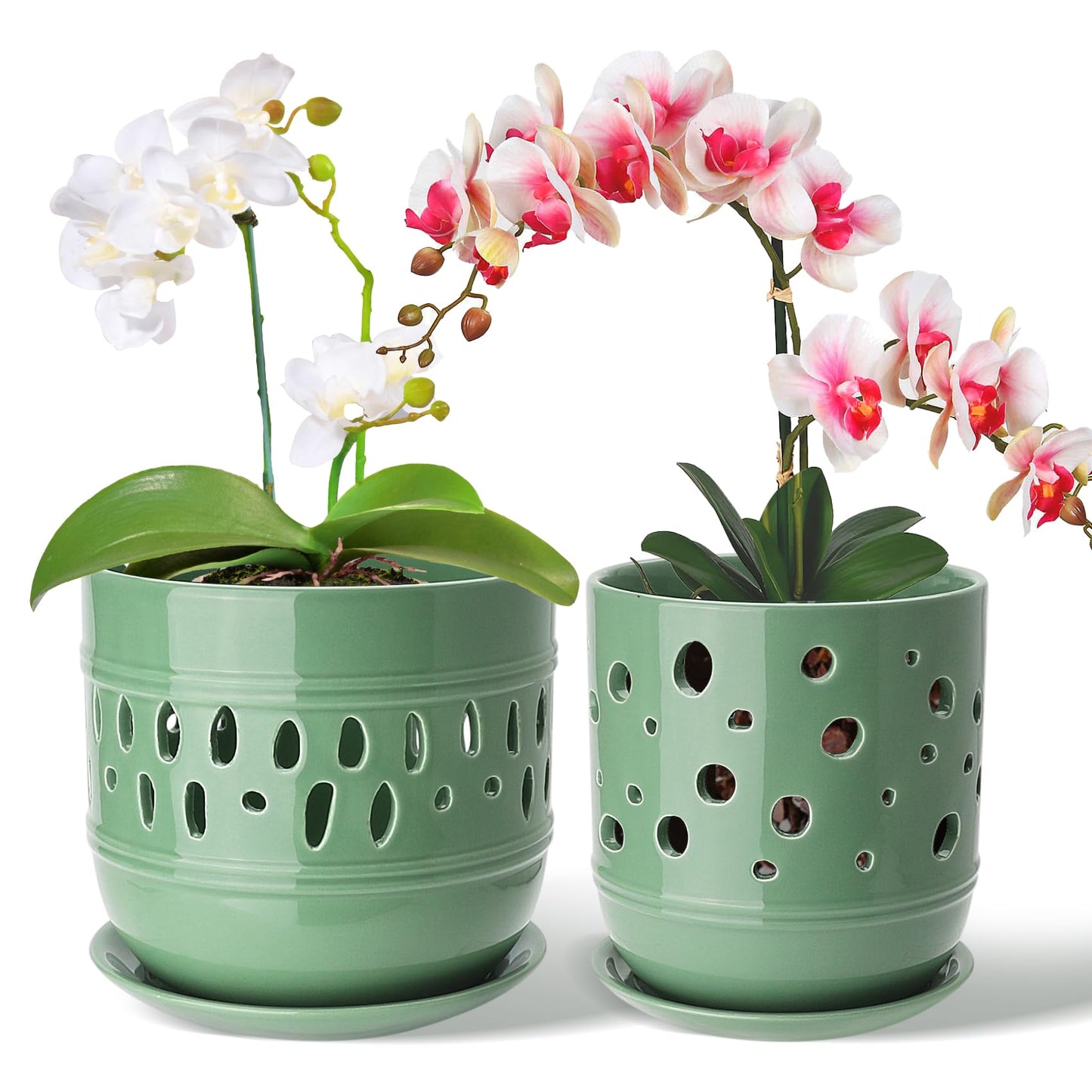 Orchid Pots with Holes, 5+6 Inch Large Orchid Pot with Drainage and Saucers, Ceramic Orchid Planter for Indoor/Outdoor Set of 2 Flower Pots - Pea Green
