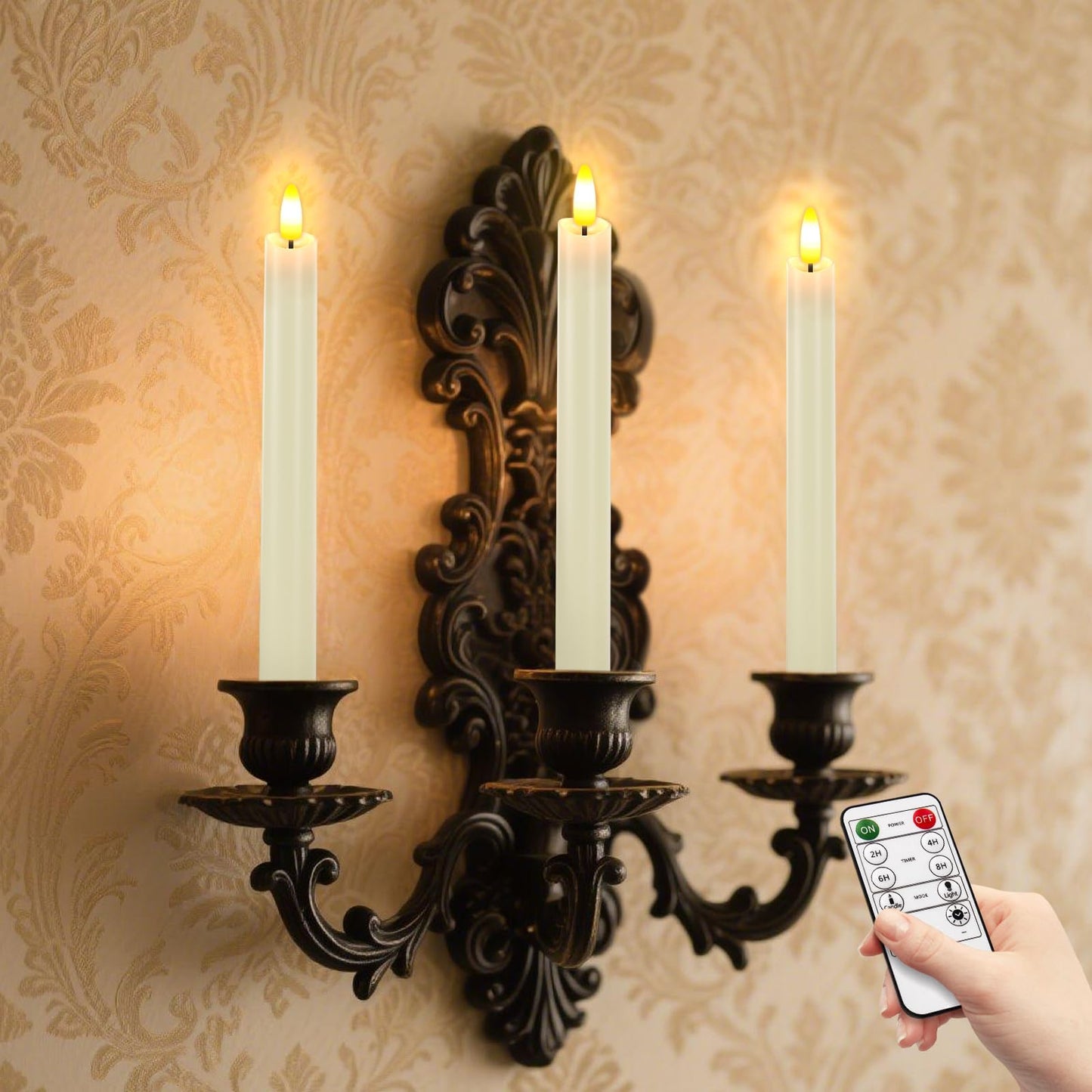 HL Flameless Taper Candles with Remote Timer, 450H+ Battery Operated LED Candlesticks, Warm 3D Flickering Flame, 9.6" Window Sticks Candles for Halloween Christmas Home Decor（Ivory 6PCS）