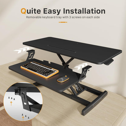 JOY worker Standing Desk Converter, 35" Wide Height Adjustable Sit Stand Up Desk Riser with Keyboard Tray, Desktop Workstation Riser for Home Office Computer Laptop, Particle Board, Black