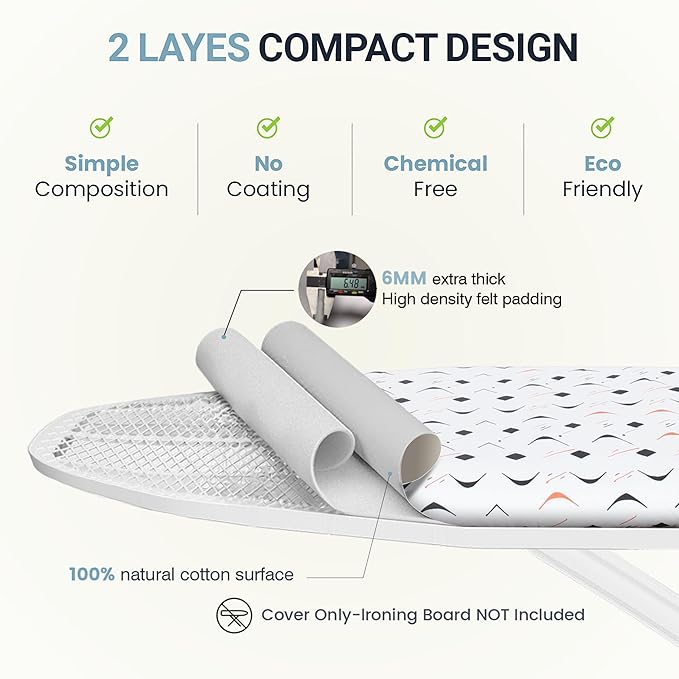 Ironing Board Cover and Pad 15"x54" Extra Thick Natural Cotton, Scorch and