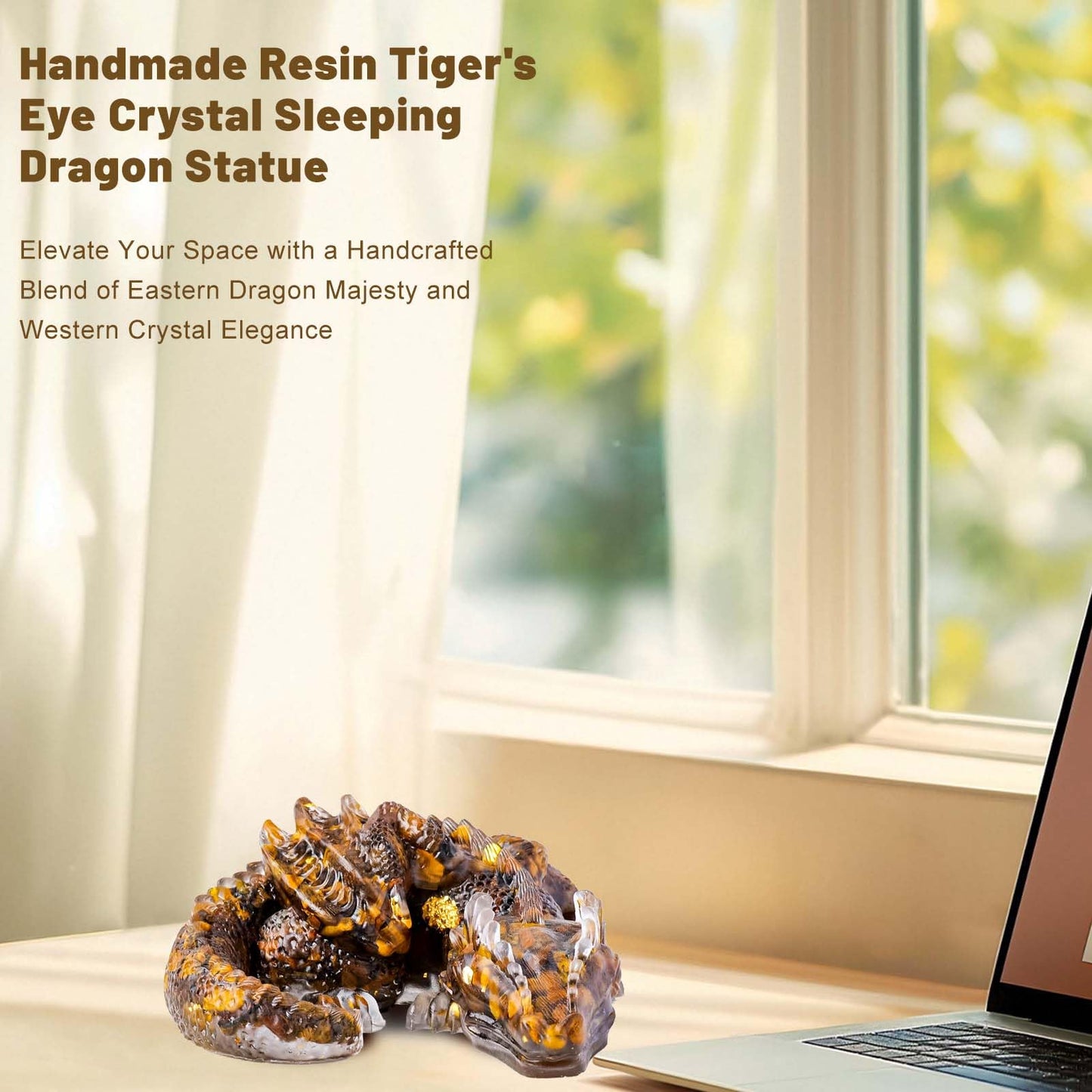 RJINGSHI Crystal Dragon Ornament, Natural Crushed Stone Resin, Home Table Decor Gift (Tiger's Eye)