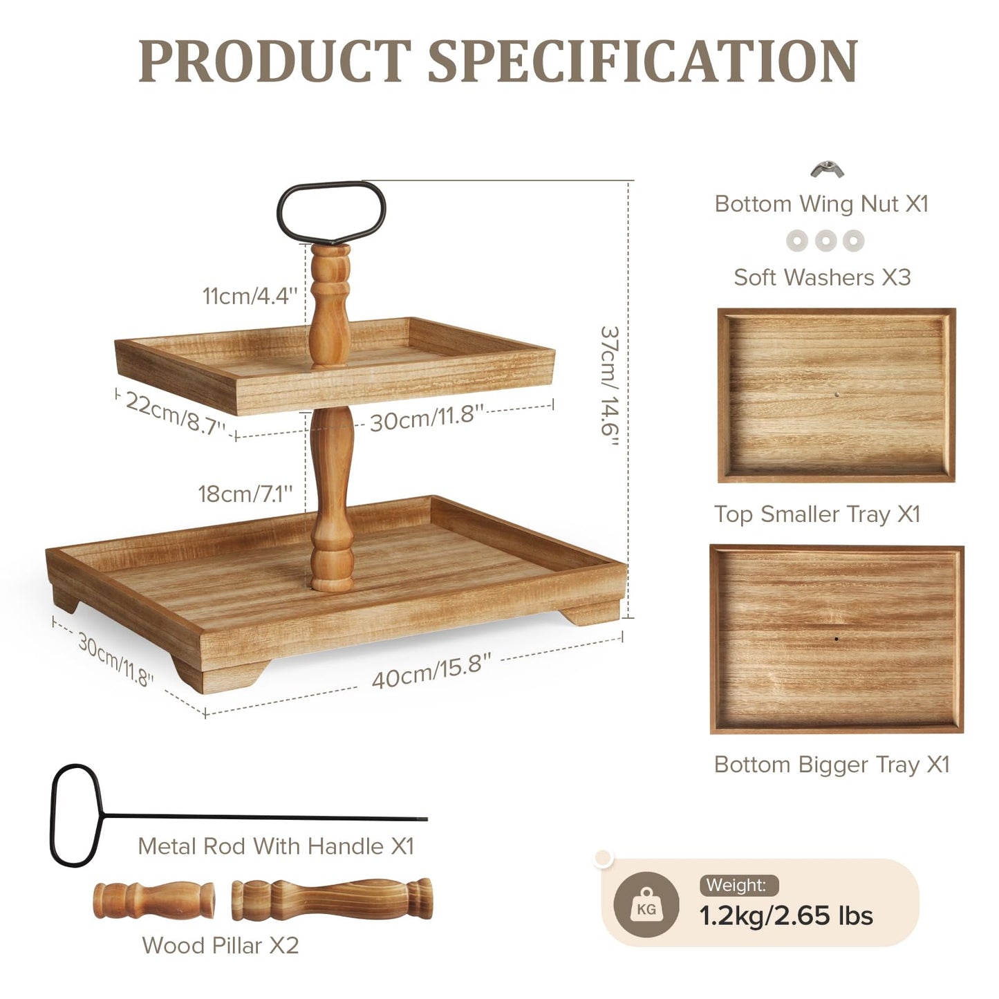Boiarc Rustic Wooden 2 Tiered Tray Stand, Farmhouse Tiered Serving Tray Decor, Rectangle Wood Display Stands for Food Fruits Cupcake and Seasonal Festive Decorations (Brown)