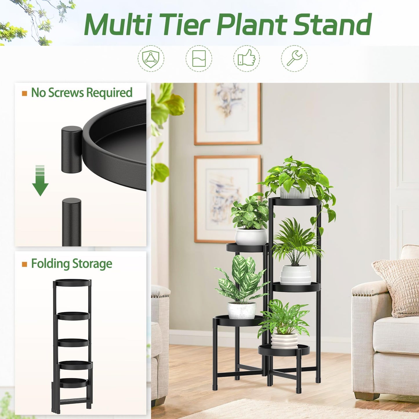 iDavosic.ly Plant Stand for Indoor Outdoor 2 Pack, 5 Tier Metal Folding Flower Holder Shelf and 4 Layer 28 Inch Tall Corner Pot Display Rack for Patio Living Room Garden Balcony Bedroom Porch, Black