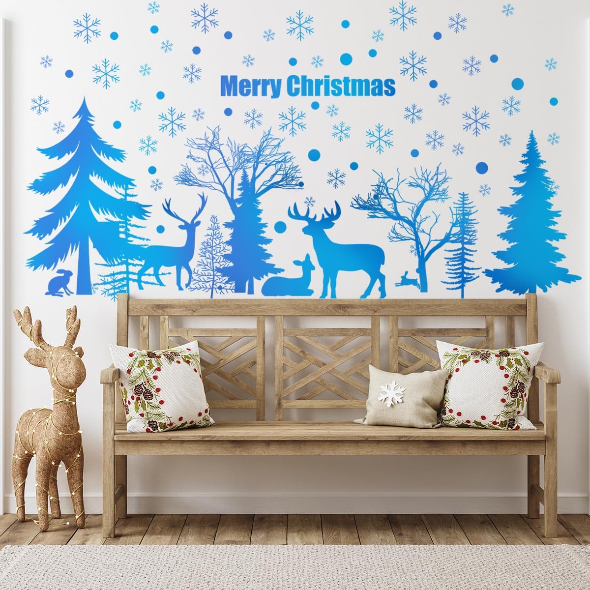 52.87x30.07 Inch Blue Merry Christmas Tree Deer Snowflake Wall Sticker - Removable Forest Animals Art Wall Sticker for Christmas Party Supplies Home Decor