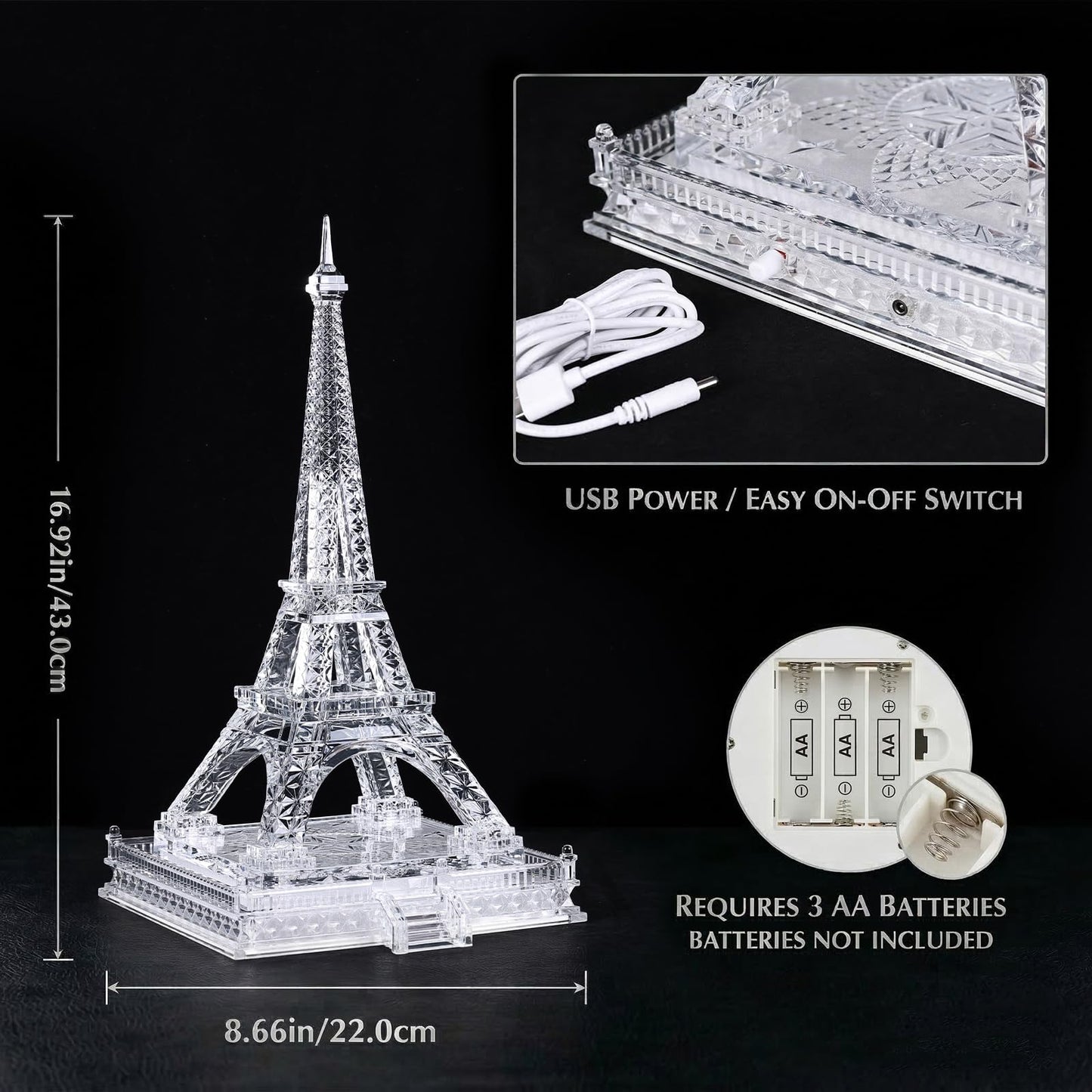 16.9in Tall Eiffel Tower Statue Clear Acrylic Figurine Torre Eiffel Decorations Paris Decor Centerpieces for Tables Home Living Room Shelf Mantel Tabletop Display Model with LED Light Crystal Finish