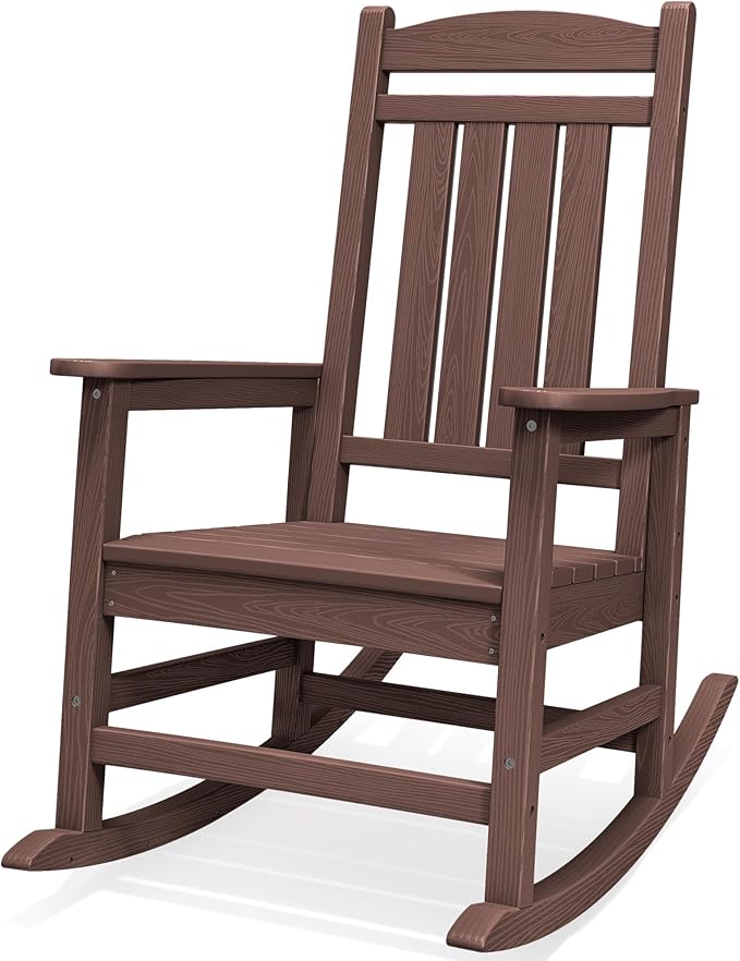 SERWALL Oversized Outdoor Rocking Chair, All-Weather Patio Rocking Chair, HDPE Porch Rocker for Adults, Coffee