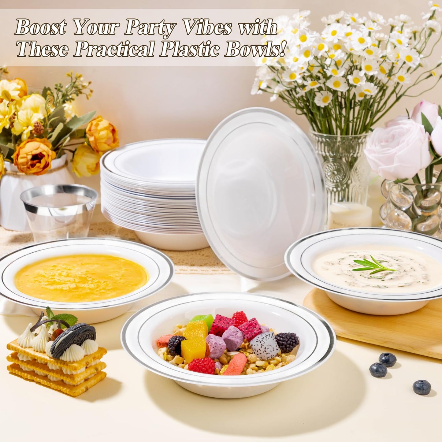 BESTSTAR 100 Pack Disposable Soup Bowls with Silver Rim, 12oz Premium Heavy Duty Plastic Dinner Bowls for Party, Wedding and Holiday
