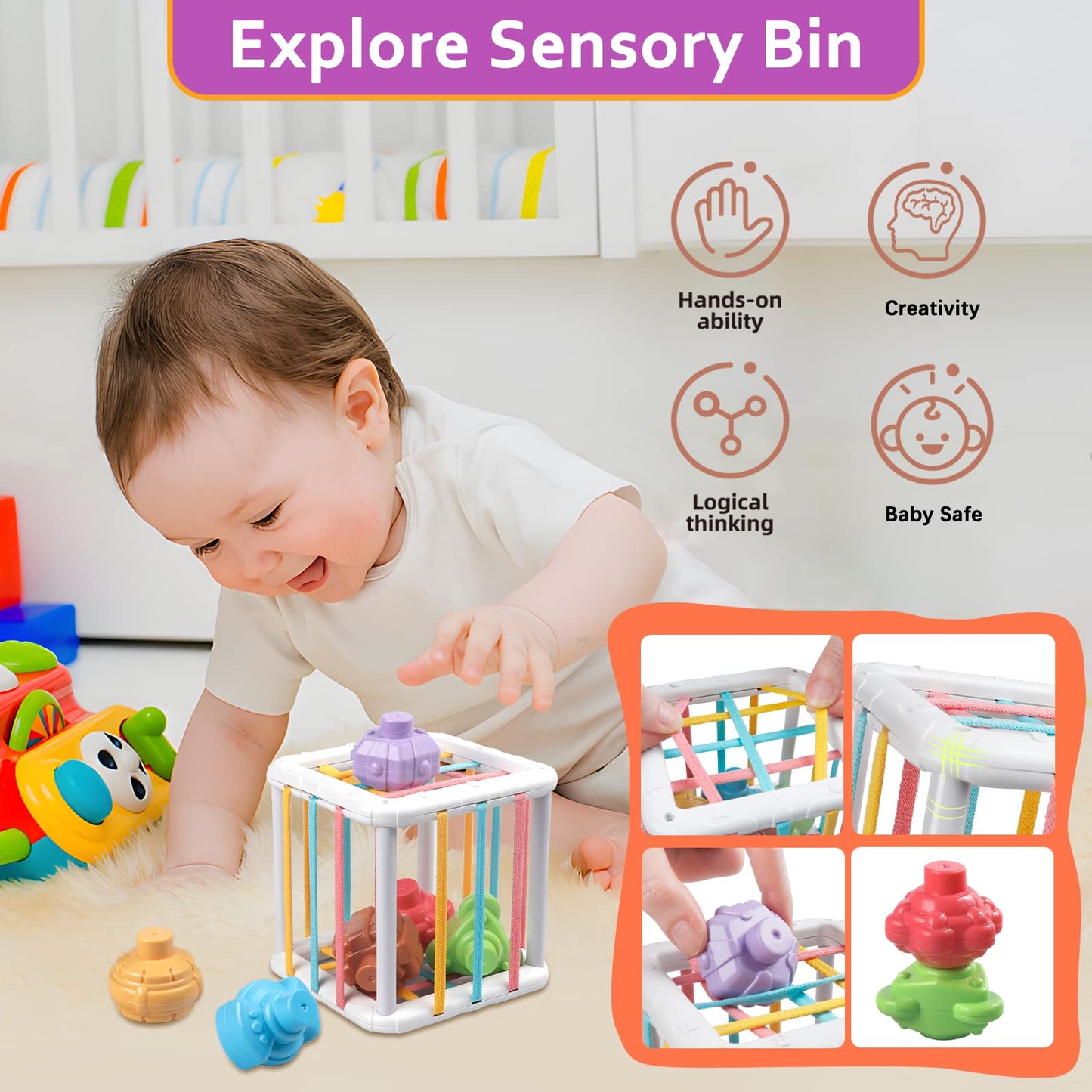 Weilim Baby Toys for 6 to 12 Months, Montessori Sensory Bins & Teething Toys, 6 in 1 Stacking Blocks, Rings, Eggs, Spinner, Crab Shape, 27 Pieces, Ages 6-36 Months