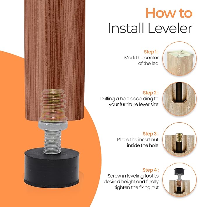 M8 Rubber Adjustable Furniture Leveler，8 Pack Leveling Feet Screws in Threaded