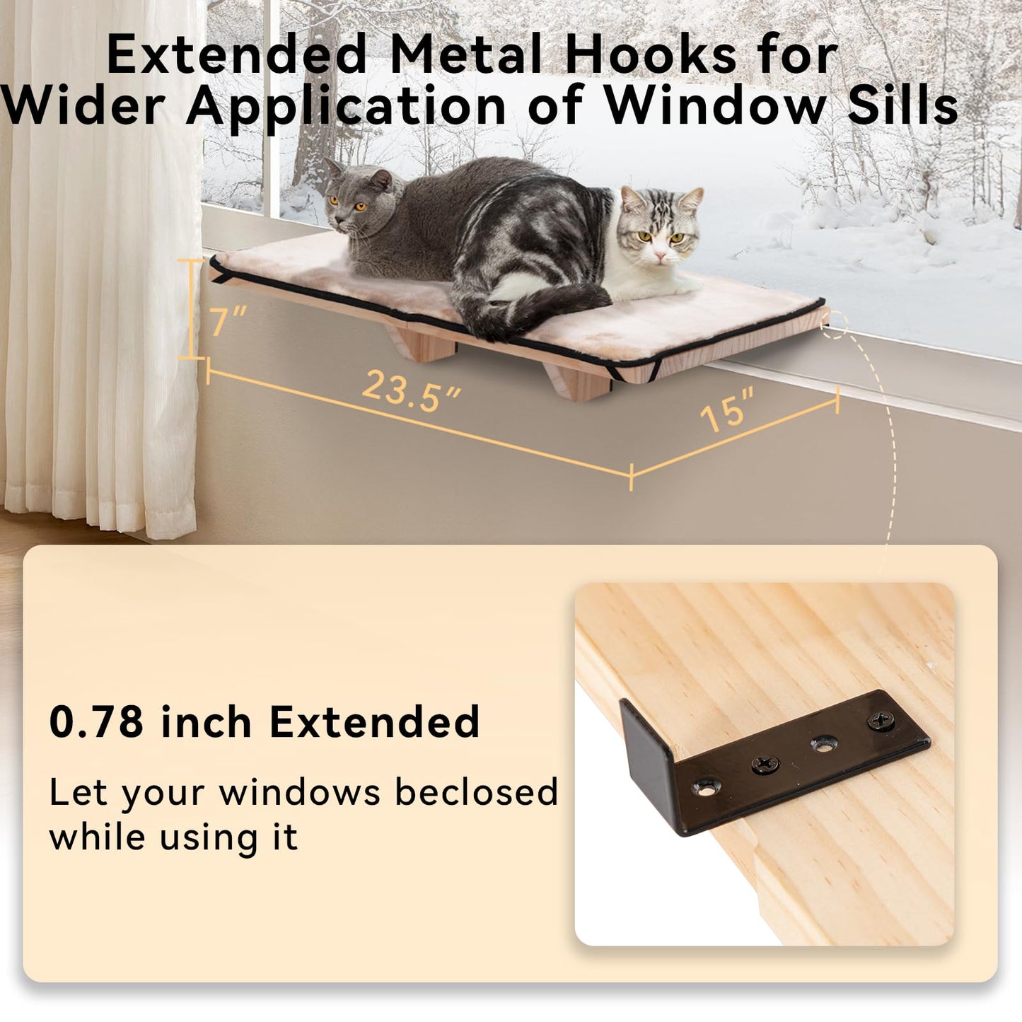 PETSFIT 2 Cats Design Window Perch, Cat Hammock Window Seat with Natural Wood &Removable Fleece Mat for Large Cats, Easy to Adjust&Assemble Cat Bed for Windowsill, Bedside and Drawer