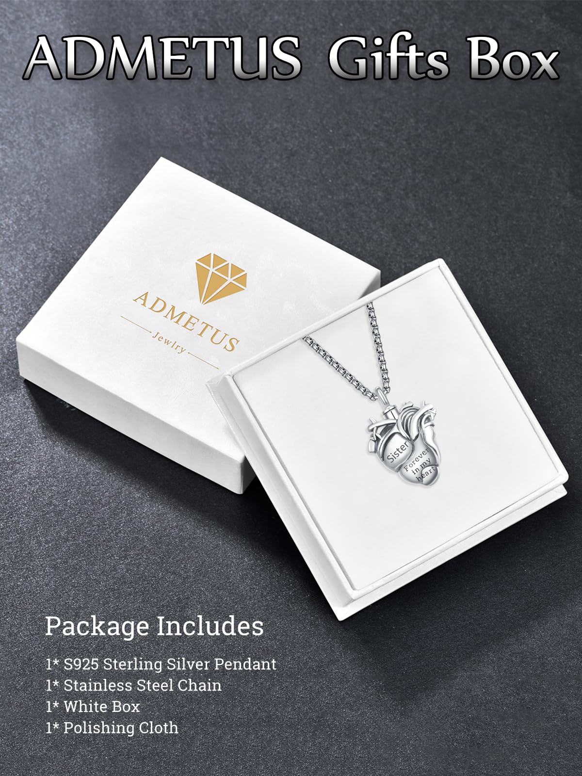 Anatomical Heart Urn Necklaces for Ashes Sterling Silver Ash Pendants Cremation Jewelry Sister Keepsake Pendant Memorial Jewelry Gifts for Loss of Sister