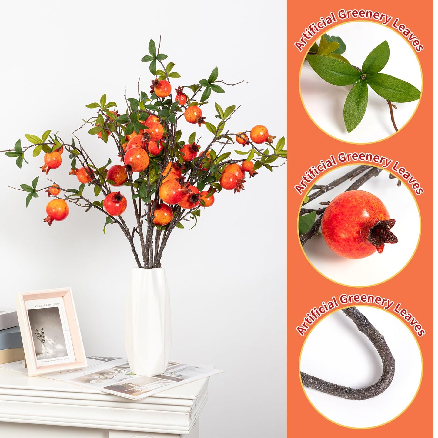 TORINALITAL 4Pcs 31.5 Inch Artificial Pomegranate Branches, Fake Fruit Branch, Artificial Plants for Living Room Dorm Decor Christmas Farmhouse Vase Arrangement Centerpiece
