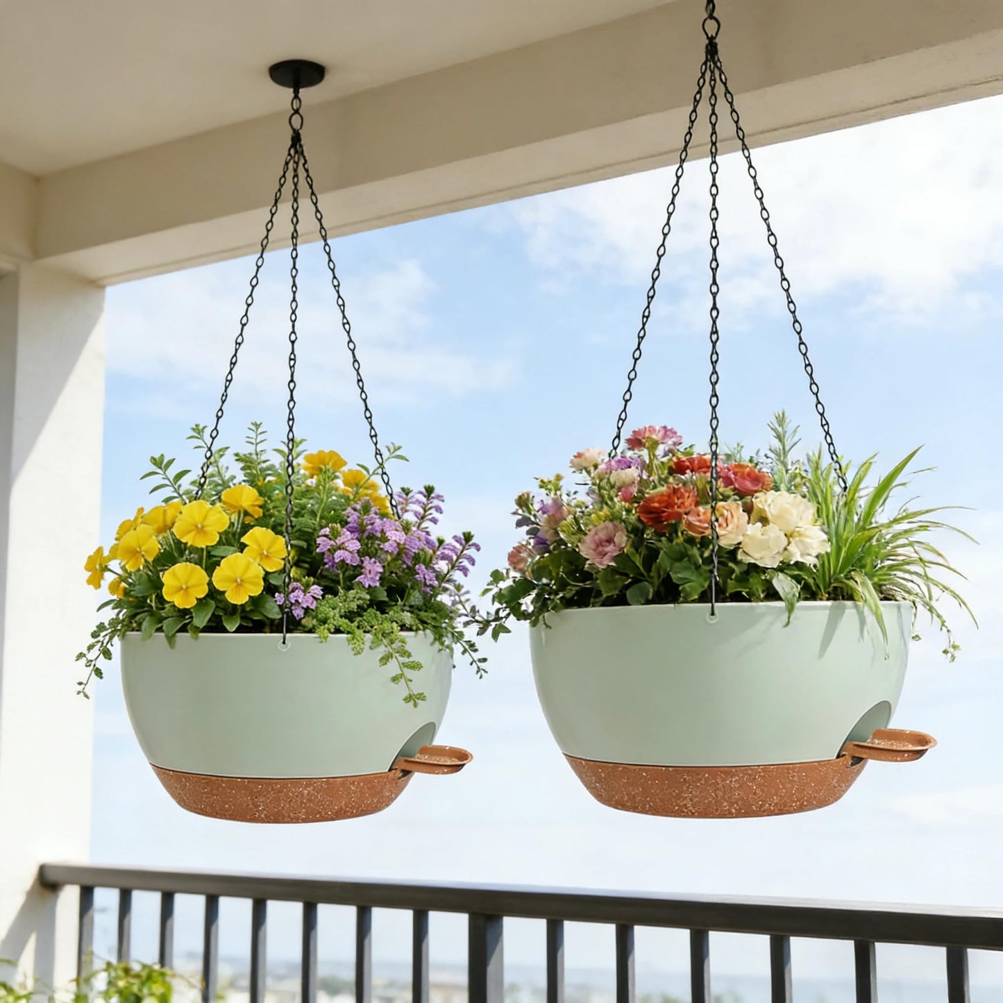 zople 2 Pack 12 Inch Self Watering Hanging Planters for Indoor Plants, Large Green Brown Plastic Hanging Pots with Chains for Outdoor Patio Garden Home Decor Green Brown
