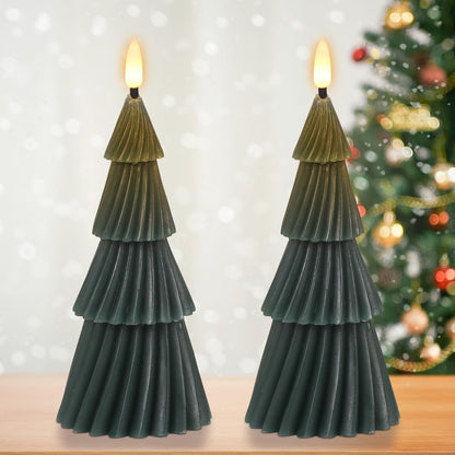 Eldnacele Stripe Christmas Tree Flameless Candle with 6 Hour Timer, Battery Operated(Included) 3D Wick Flickering Real Wax Green LED Candles Xmas Eve Dinner Holiday Decor (2Pcs,3"×7.1")