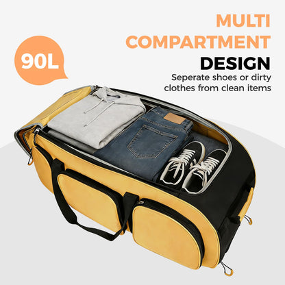 Searock 90L Rolling Duffle Bag with Wheels and Handle, 31” Large Duffle Bag for Travel, Carry On Luggage Duffel Bag with Shoe Compartment, Multi-Pocket, Water Resistant, Yellow