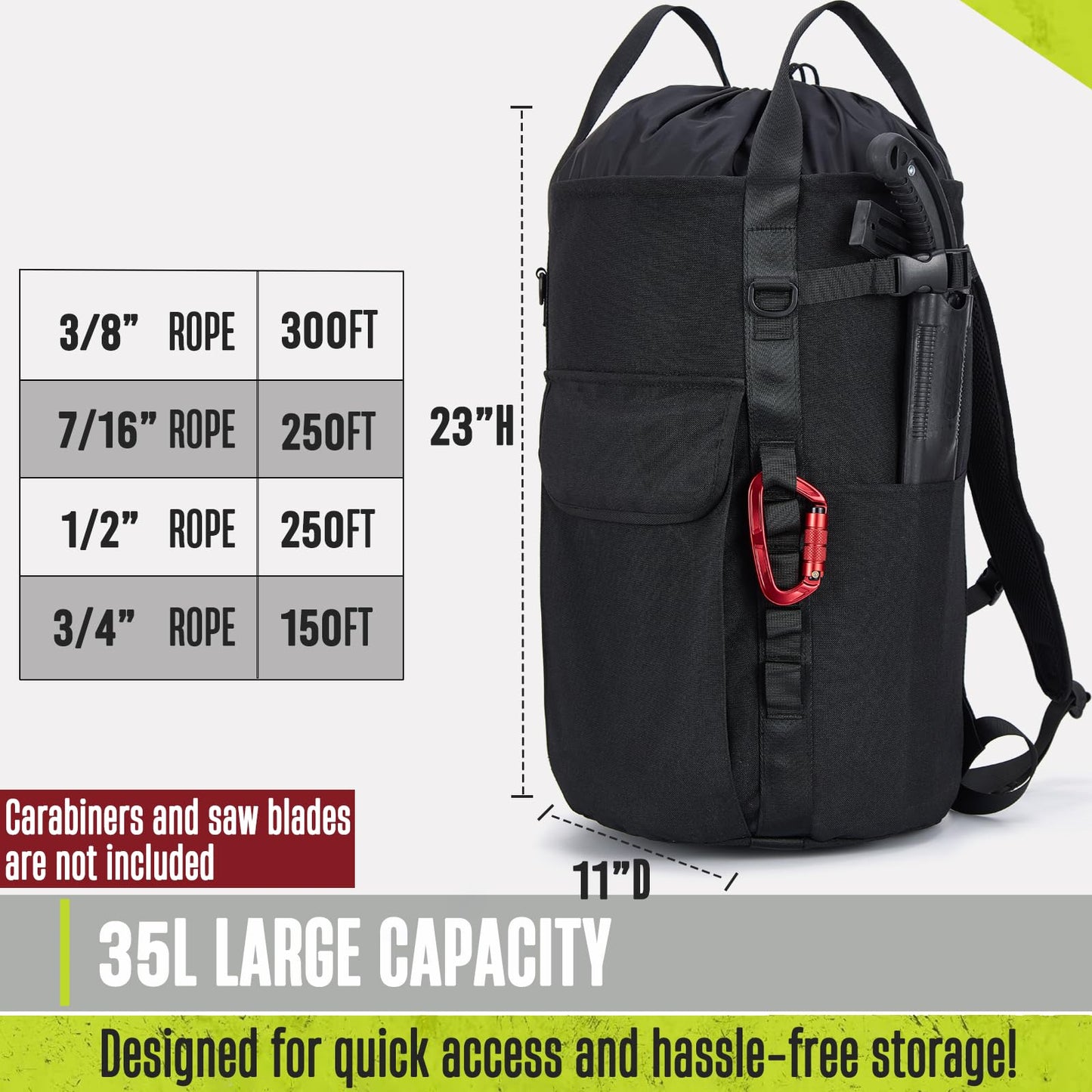 PAMLIAPY Arborist Rope Bag, 35L Tree Climbing Rope Bag, Arborist Equipment Bucket Backpack, Arborist Gear Carrier Bag with Side Pockets, Tough Rock Climbing Backpack, Rock and Tree Climbing Gear