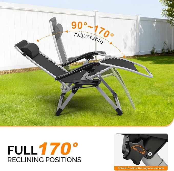 VINGLI 29" Padded Zero Gravity Chair, Lounge Chair with Removable Cushion & Tray， Folding Reclining Patio Chairs， Recliner Chair for Lawn，Indoor Outdoor-Grey