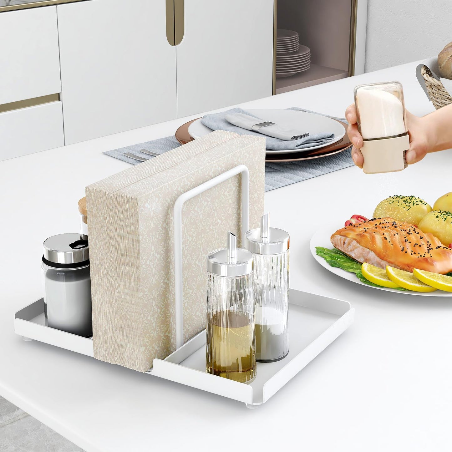 Napkin Holder for Table, Metal Napkin Holder with Salt and Pepper Shakers Caddy, Standing Paper Napkin Storage for Kitchen Dining Table Decor, White