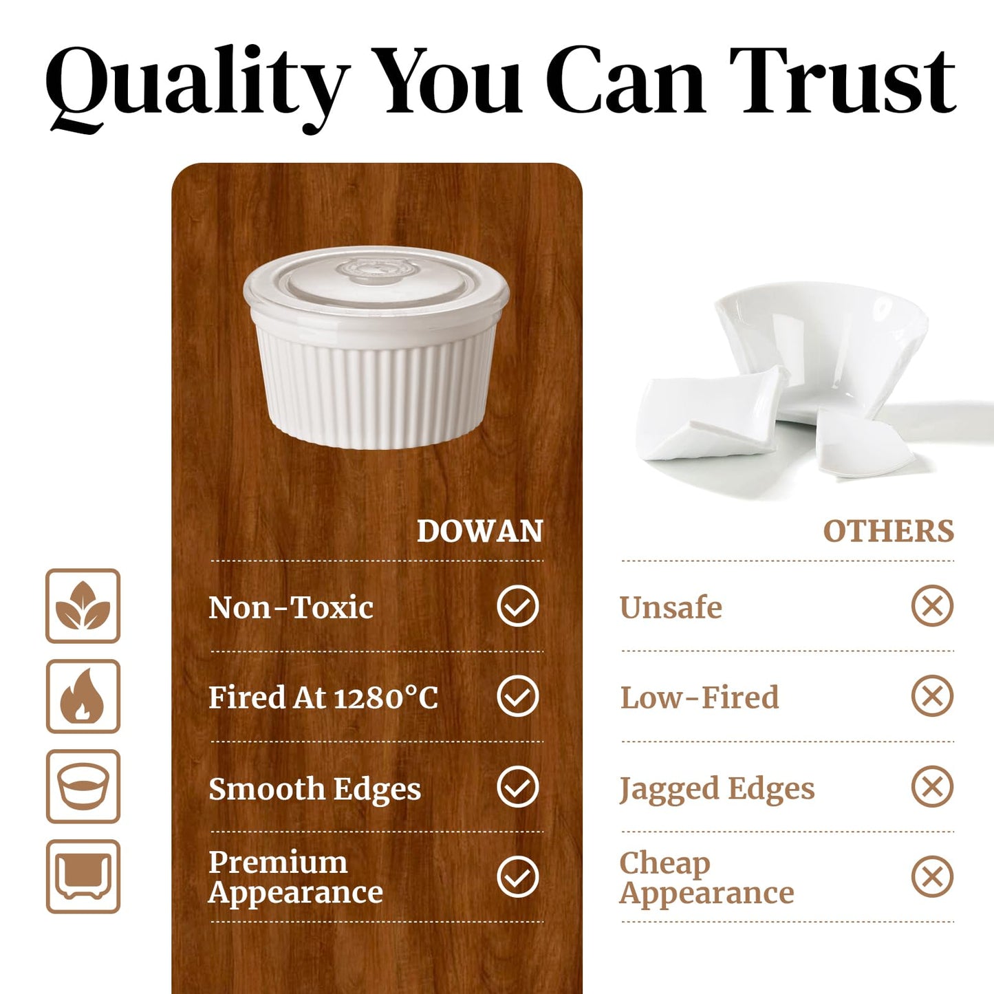 DOWAN Ramekins 8 oz Oven Safe with Lids, Creme Brulee Ramekins Bowls, Porcelain Ramiken Souffle Dishes, Custard Cups for Baking, Small Bowls for Pudding Dip Sauces Dessert, White, Set of 6