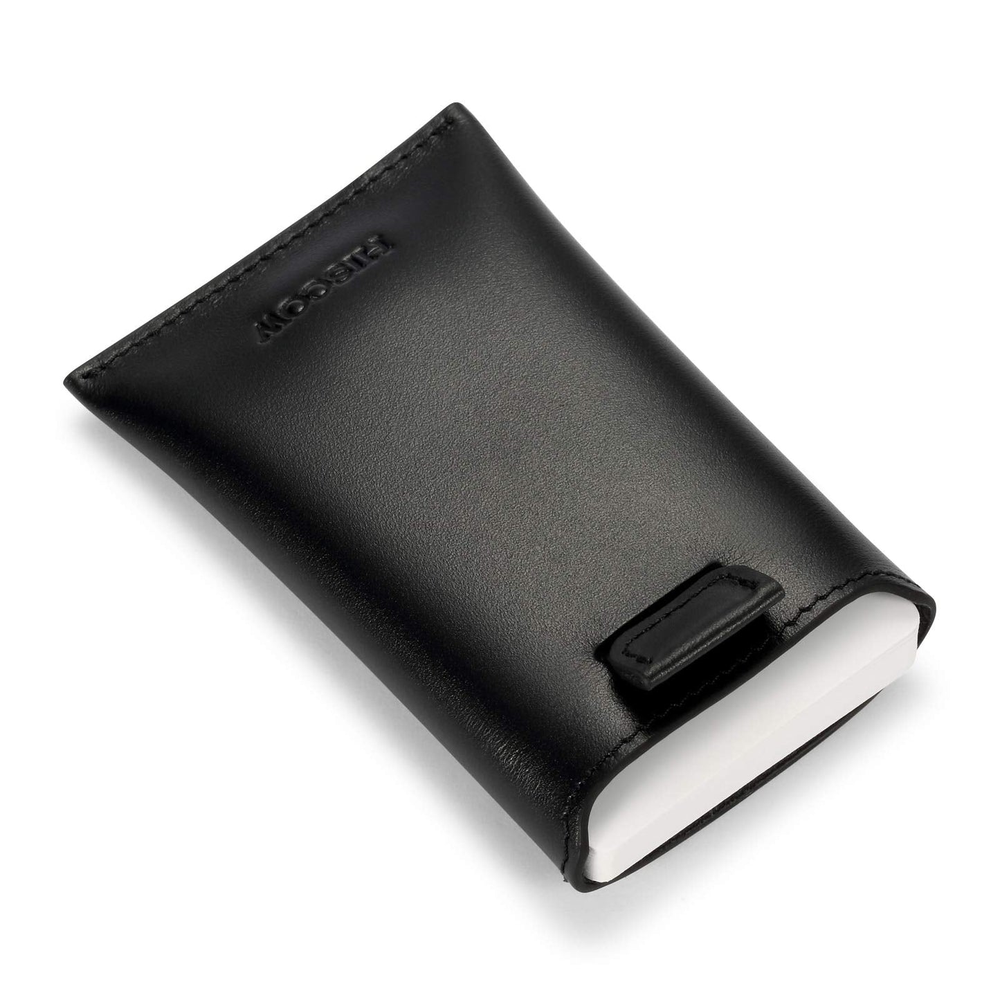 HISCOW Business Card Holder with Flap for Dispensing Cards - Italian Calfskin (Black)