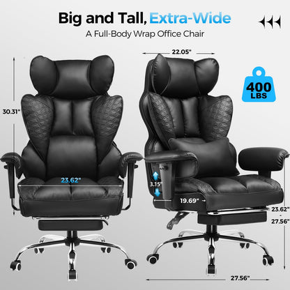 COMHOMA Big and Tall Office Chair Heavy Duty Wide Ergonomic Gaming Chair with Deluxe Embossing Leather with Foot Rest 150°Reclining Adjustable Armrests Pocket Spring Back Support and Without Pillow