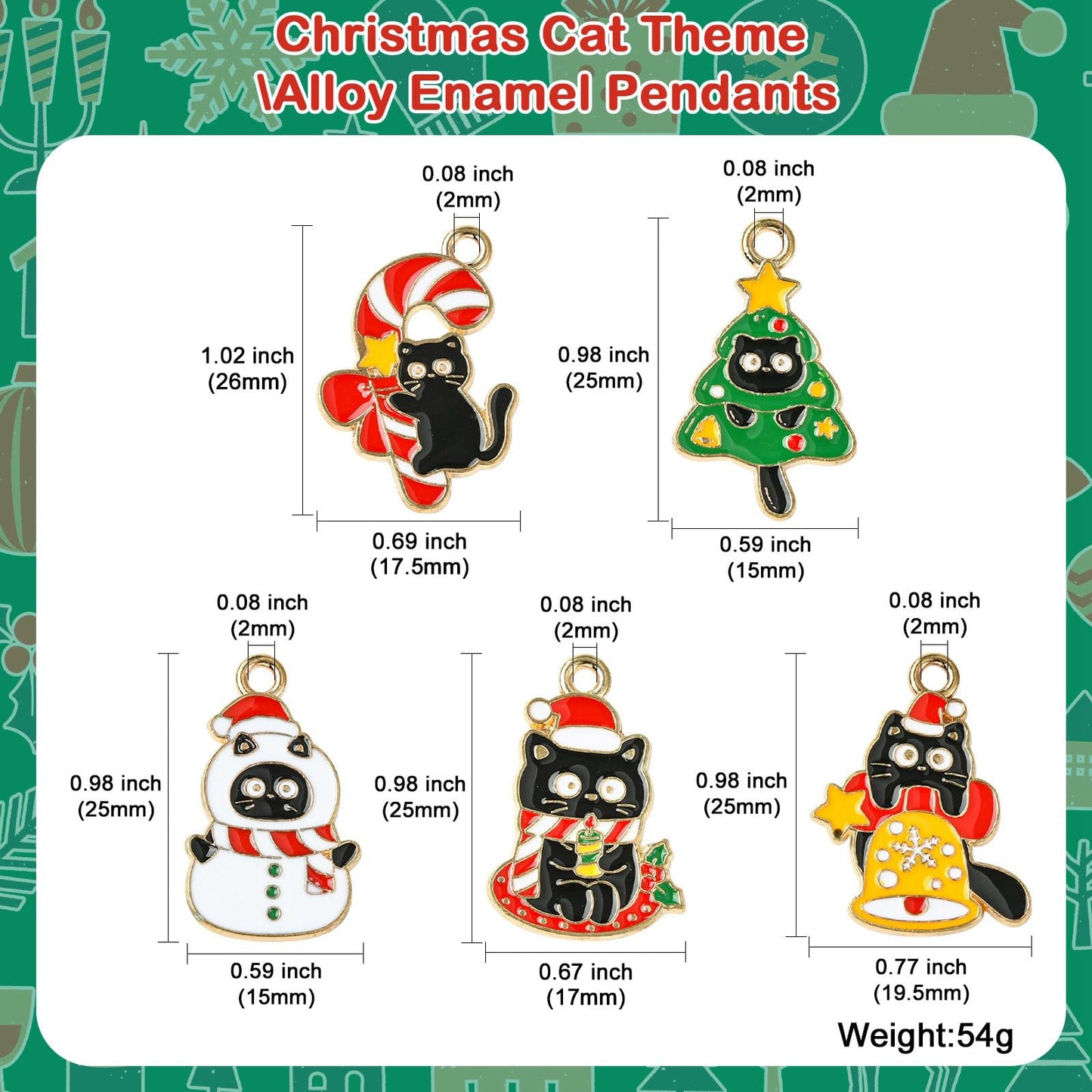 LiQunSweet 30 pcs 5 Styles Christmas Cat Theme Alloy Enamel Charms Xmas Tree Bell Snowman Wreath Candy Cane Charms for DIY Jewelry Bracelet Necklace Earring Craft Keychain Bag