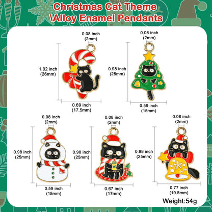 LiQunSweet 30 pcs 5 Styles Christmas Cat Theme Alloy Enamel Charms Xmas Tree Bell Snowman Wreath Candy Cane Charms for DIY Jewelry Bracelet Necklace Earring Craft Keychain Bag