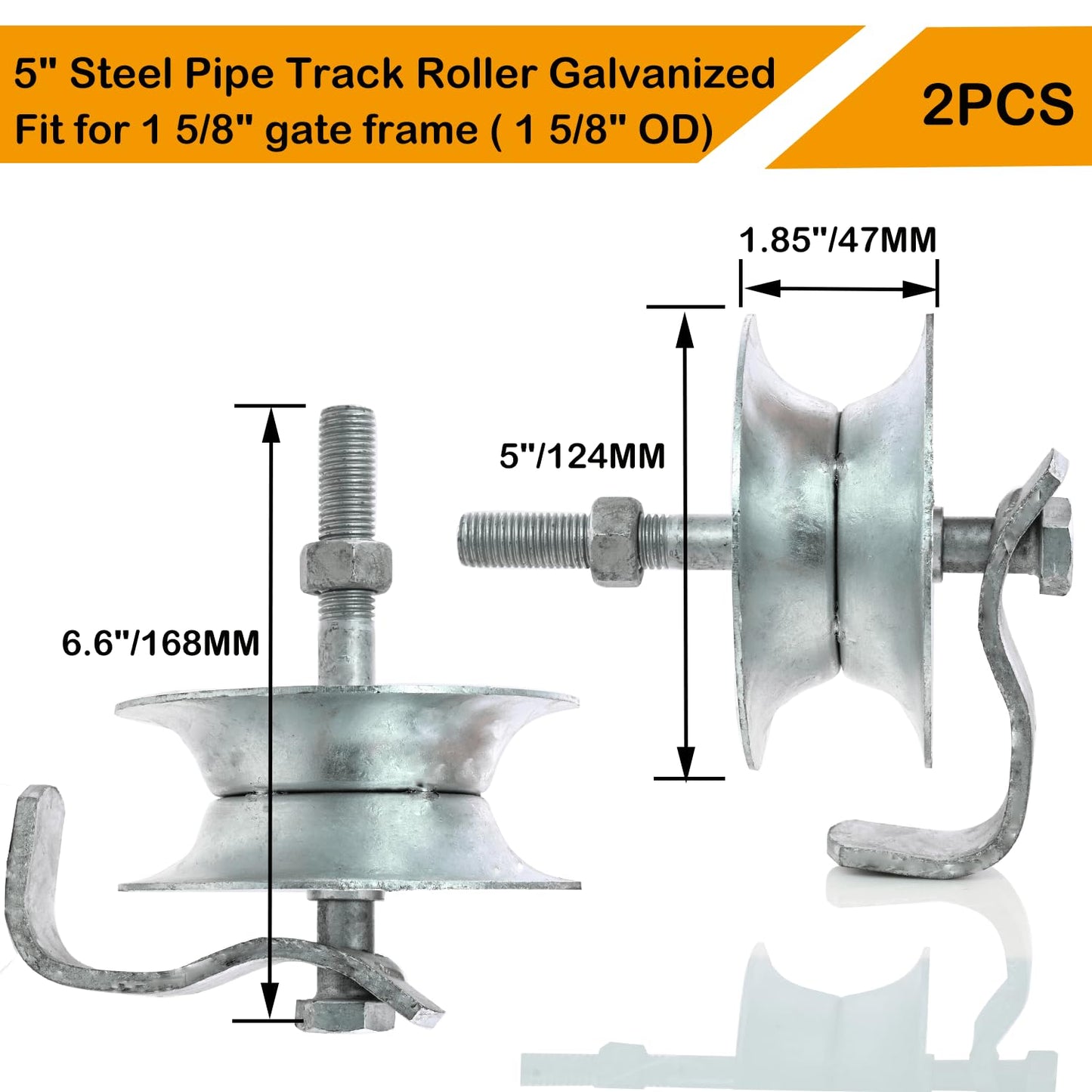 Sliding Gate Rollers 5" Steel Pipe Track Roller Galvanized for 1 5/8" Pipe Track (Pack of 2)