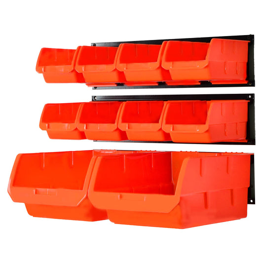 Wallmaster Wall Mounted Storage Bins, Wall Storage Bins Parts Rack 10 Bins&3 Rails Wall Mount Tool Organizer Hardware Storage Organizer (Orange)