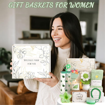 Birthday Gifts for Women, Teen Girls, Her, Unique Happy Birthday Gift Baskets for Best Friend Sister Daughter, Women Mother Gifts Box for Girls Wife Girlfriends, 14pcs Cute Daisy Gift Set(Green)