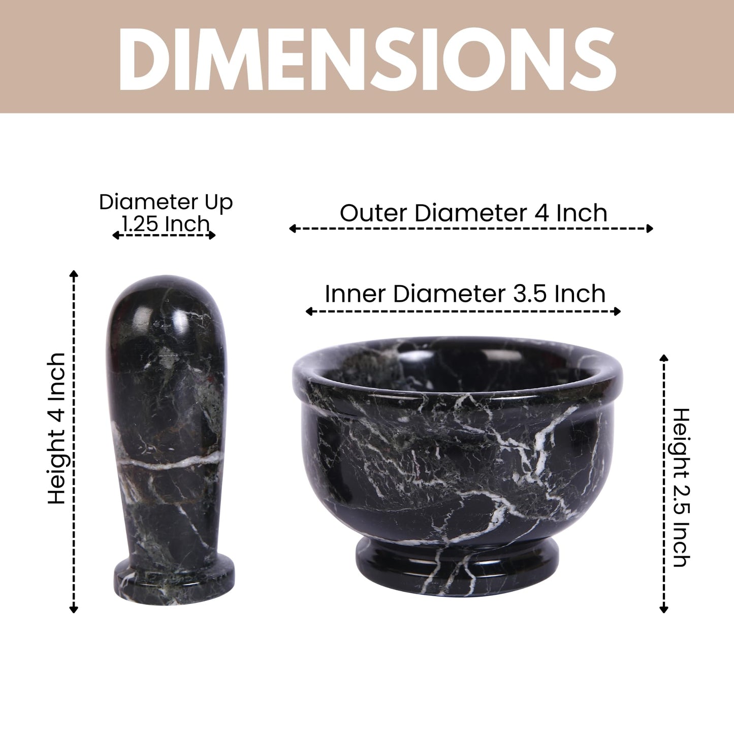 Marble Hives Hand Grinder Marble Mortar & Pestle Set – 4 Inch Black Kitchen Tool Set for Guacamole, Herbs, Spices, Pill Crushing, Fine Powder Grinding & Coffee – Premium Stone Mortar (Large)
