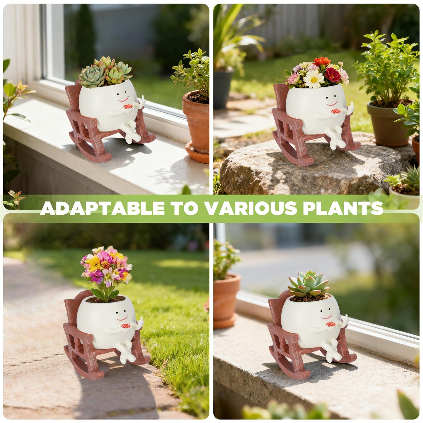 Heakrit Smiley Face Plant Pots, Cute Resin planters for Indoor Outdoor, Unique Rocking Chair Succulent Pots with Drainage Hole, Gift IdeaI for Family and Friends, Brown