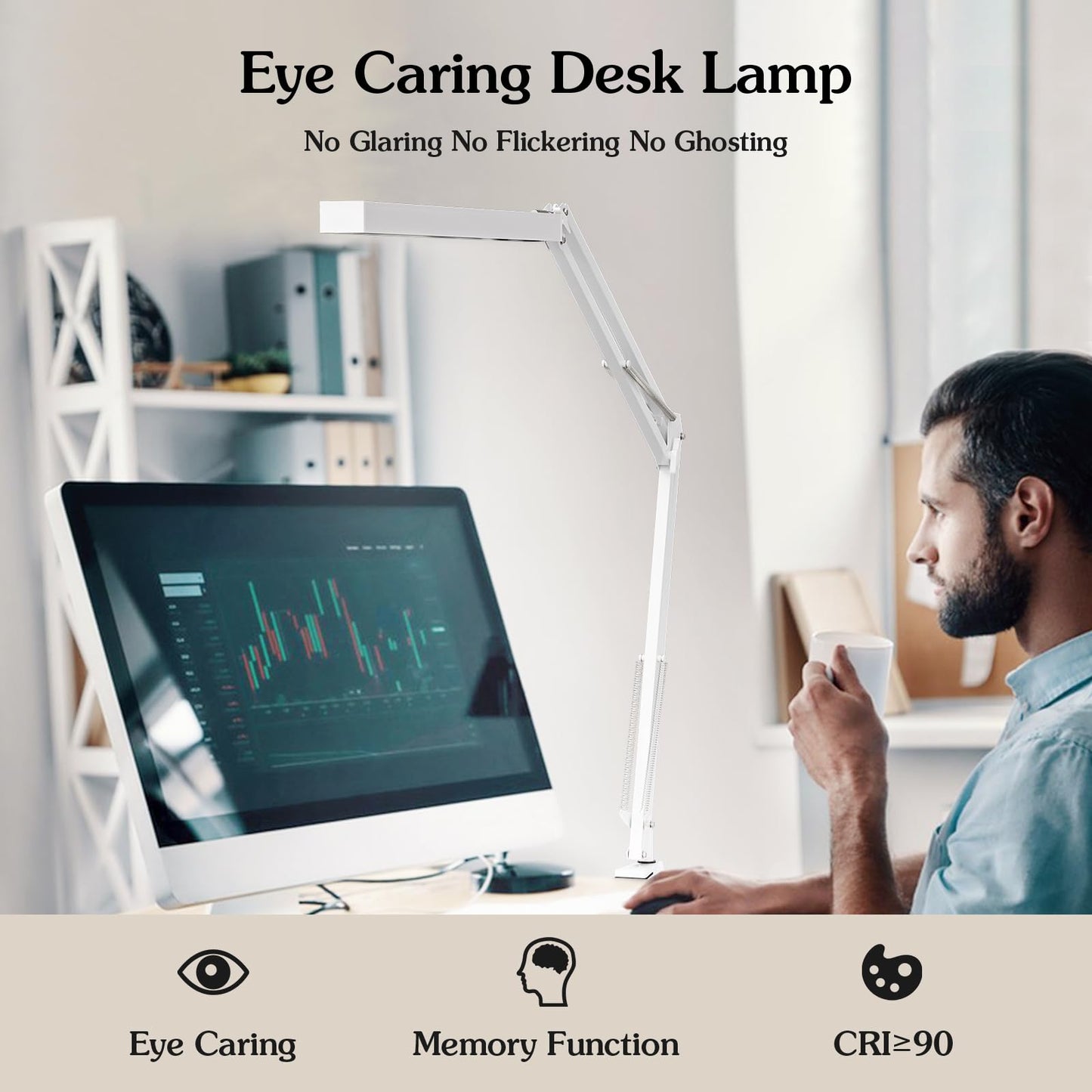 BZBRLZ LED Desk Lamp, Manicure Table Lamp, 16" Lamp Head, Dimmable Eye-Caring Drafting Light with 3 Color Modes, 10 Brightness Levels & Adapter, Memory Function(White)
