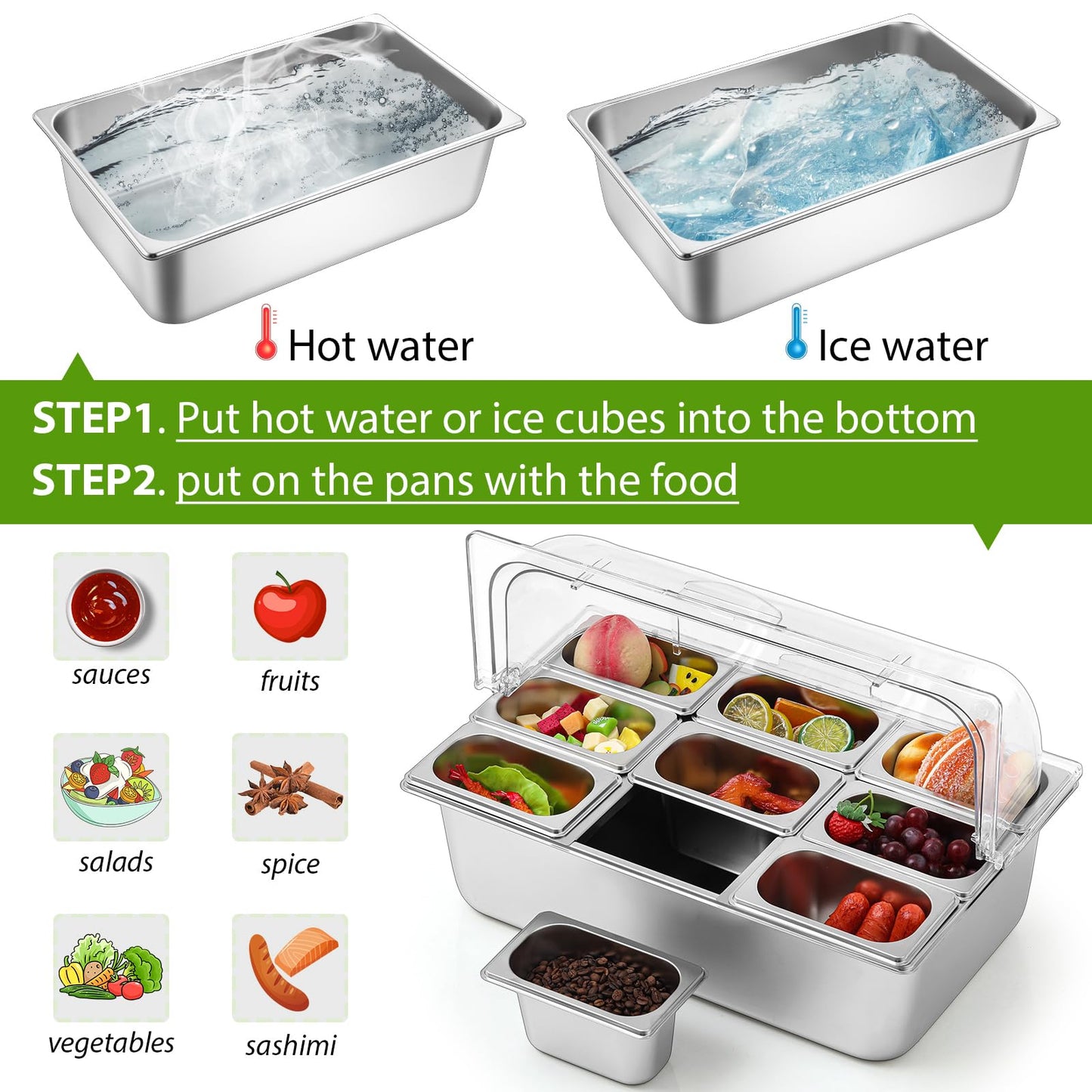 Ziliny Countertop Food Serving Display Container and Clear Roll Top Cover Stainless Steel Food Serving Tray Buffet Condiment Dispenser Display Rack for Restaurant Hotel Kitchen Party (9 Pan)