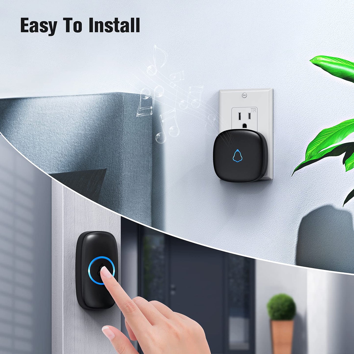 SECRUI Wireless Doorbell, Easy installation, Waterproof, Adjustable Volume, 58 Chimes, Colorful LED, 1000Ft Range, M520+F55, Black