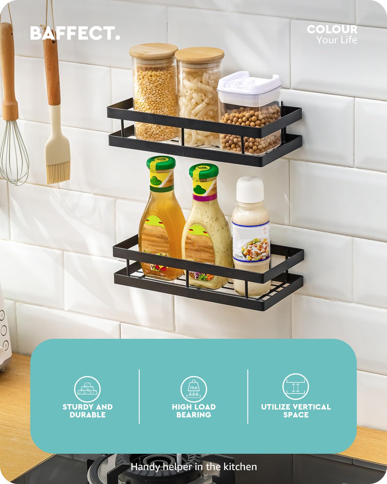 Baffect Metal Spice Rack Wall Mount Floating Shelves 2 Pack Black Storage organizer for Cabinet Door Pantry Kitchen Bathroom Supplies (9.8inches length)