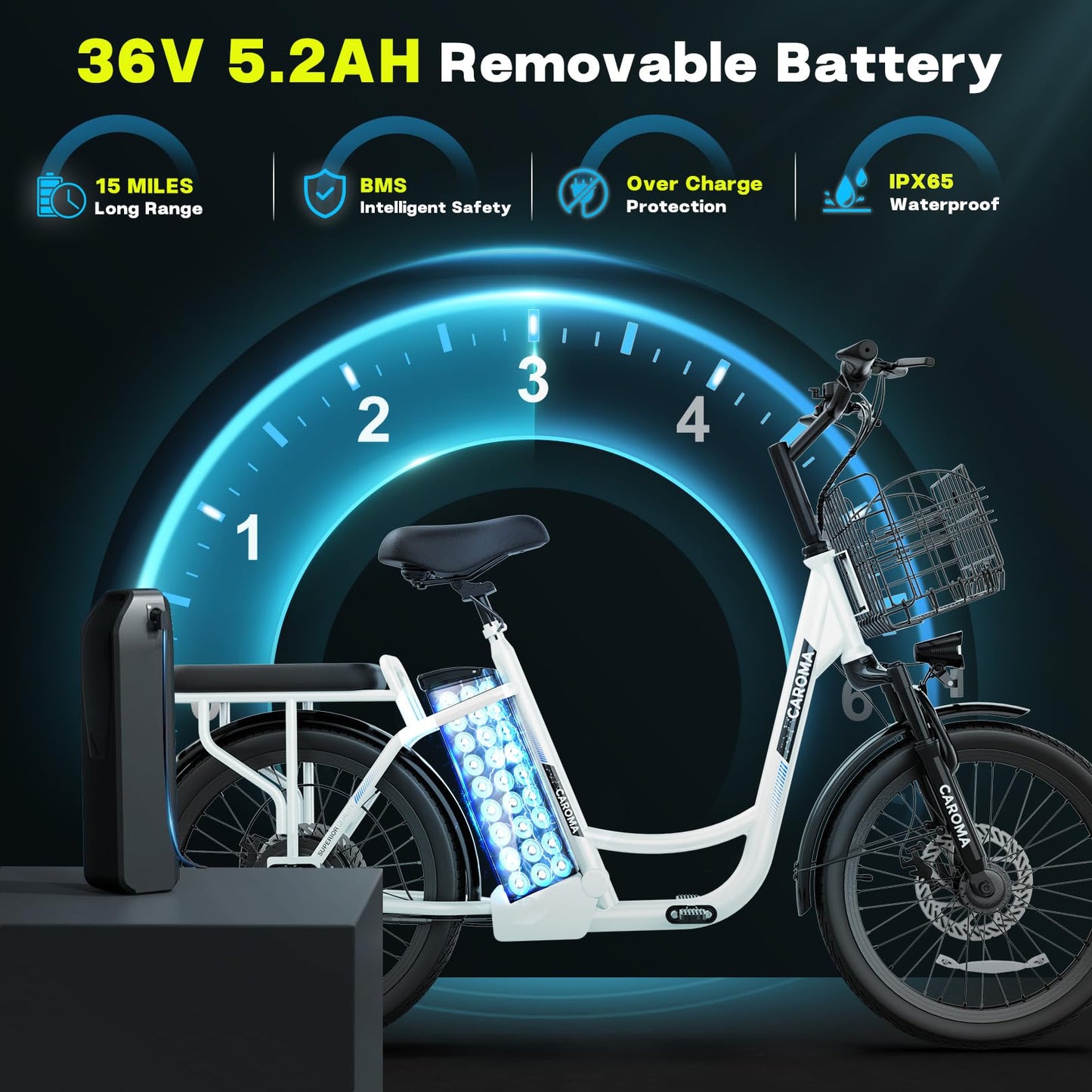 Caroma Peak 500W Electric Scooters with Seat,Step Thru Electric Bicycle 36V Removable Lithium-Battery,15Miles Max Range,20MPH Commuting Electric Bike for Adults&Teens,Shock Absorber,Rear Rack,Black