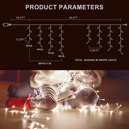 TOPPORTED Icicle Christmas Lights Outdoor,520 LED 49.2FT 8 Modes with 80 Drops Cool White Icicle Lights,Remote Control Outdoor Indoor Fairy String Lights for Christmas Party,Holiday Decorations