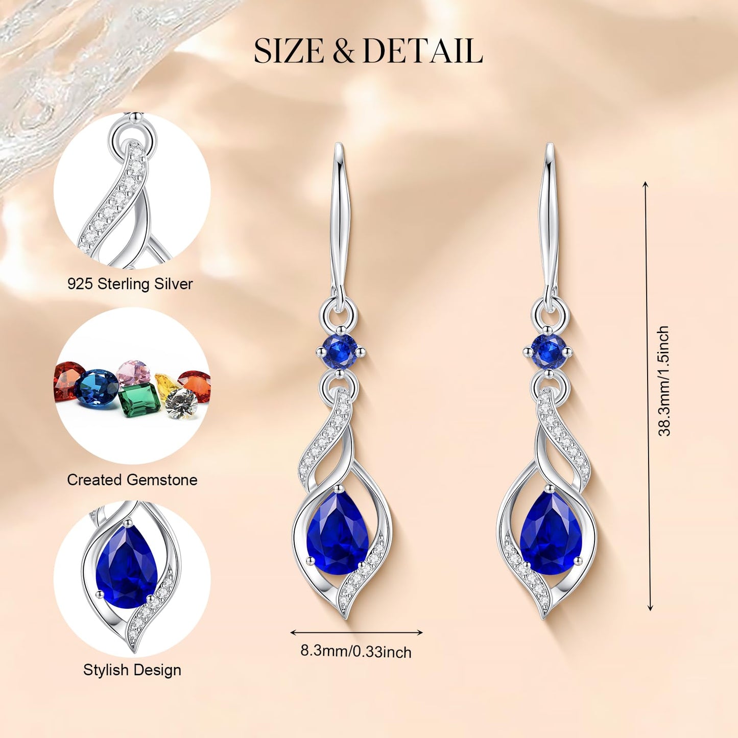FANCIME Gift for Women September Birthstone Dangle Earrings for Women Teardrop Sapphire Earrings S925 Sterling Silver infinity Love Birthday Gifts for Mom Women
